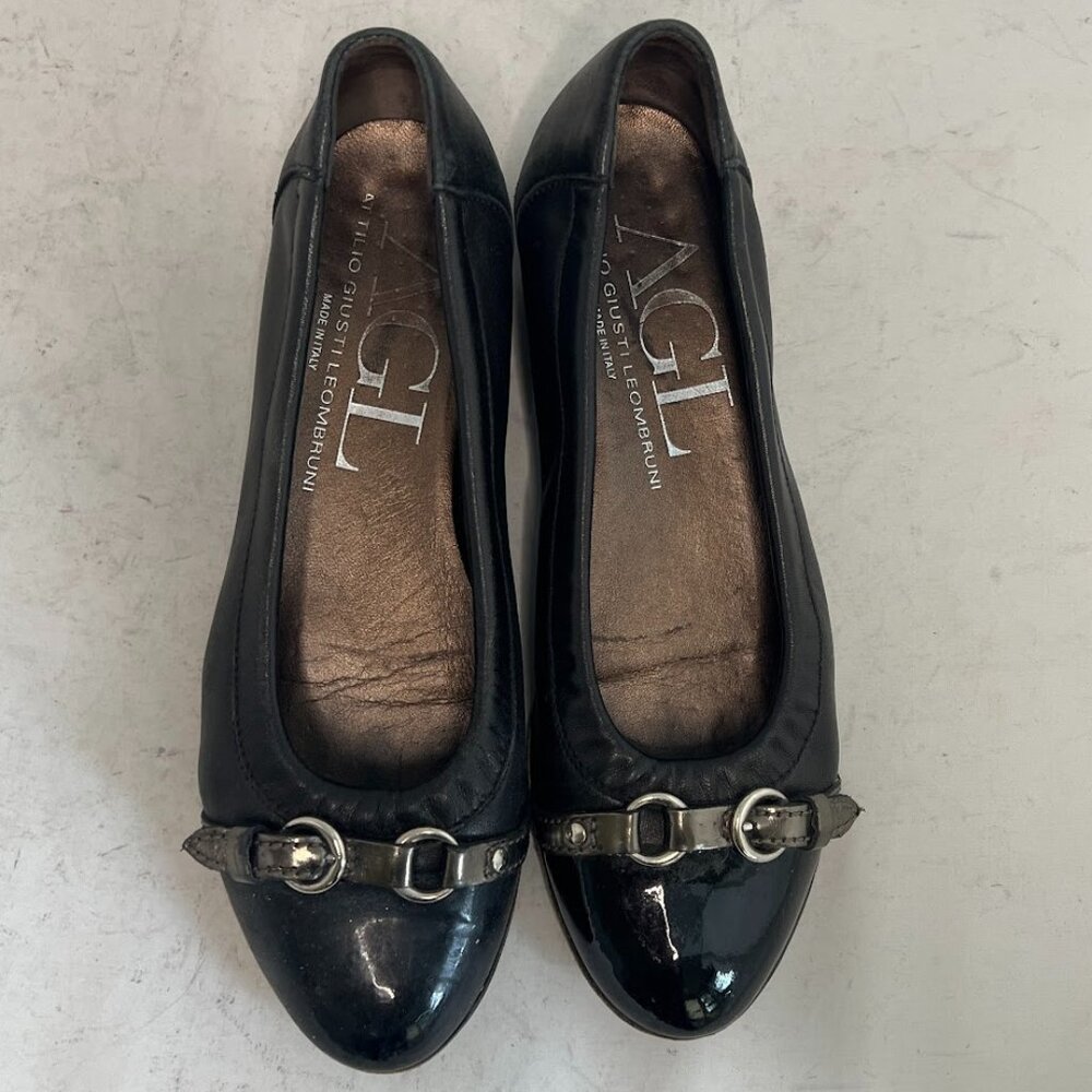 AGL Ballet Flats Cap Toe Black Leather Ballet Flats 35.5 - Picture 2 of 9